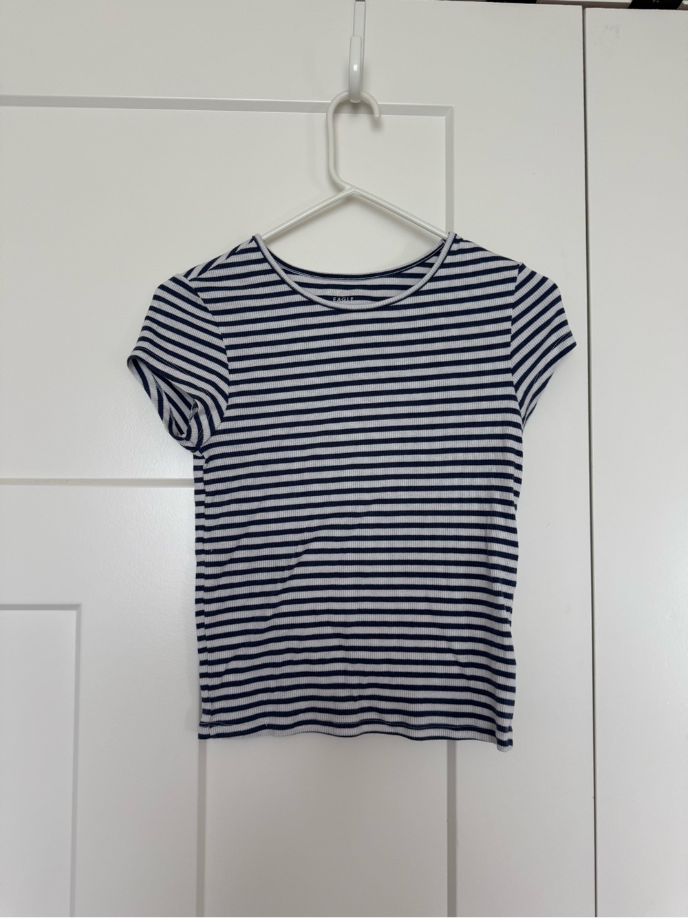 American Eagle Outfitters Navy and White Striped Short Sleeve Tee